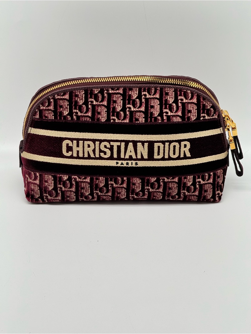 Authentic Dior Maroon Monogram Toiletry Pouch with Cream Logo